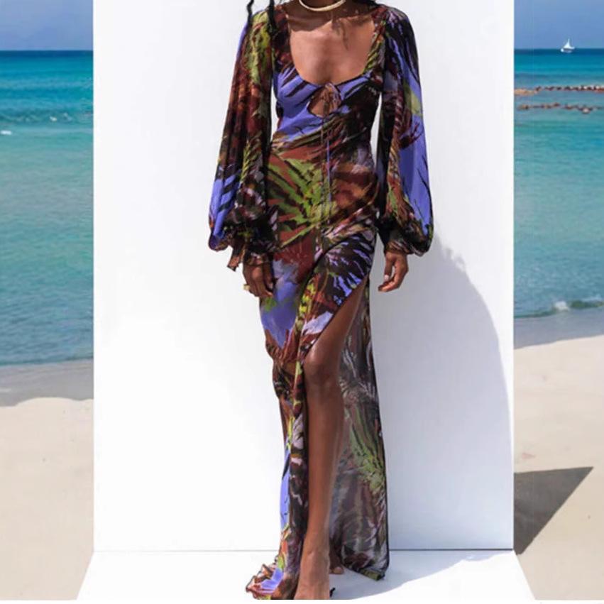 European And American New Sexy Women'S Printed Retro Lantern Sleeve Dress