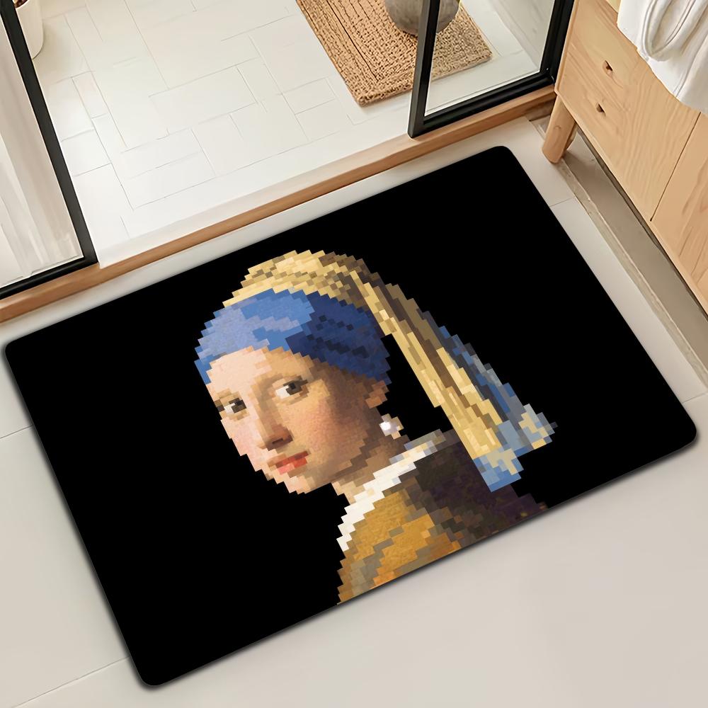 Girl with a Pearl Earring Cute Cat Microfiber Decorative Versatile Flannel Door Bath Floor Mat Quick Dry Absorbent Non-slip Sole