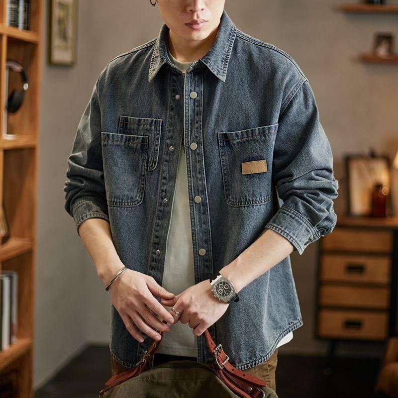 American Vintage Wash Autumn Denim Jackets Cargo Men Lapel Solid Pockets Single Breasted Trend Long Sleeve Loose Cowboy Coats