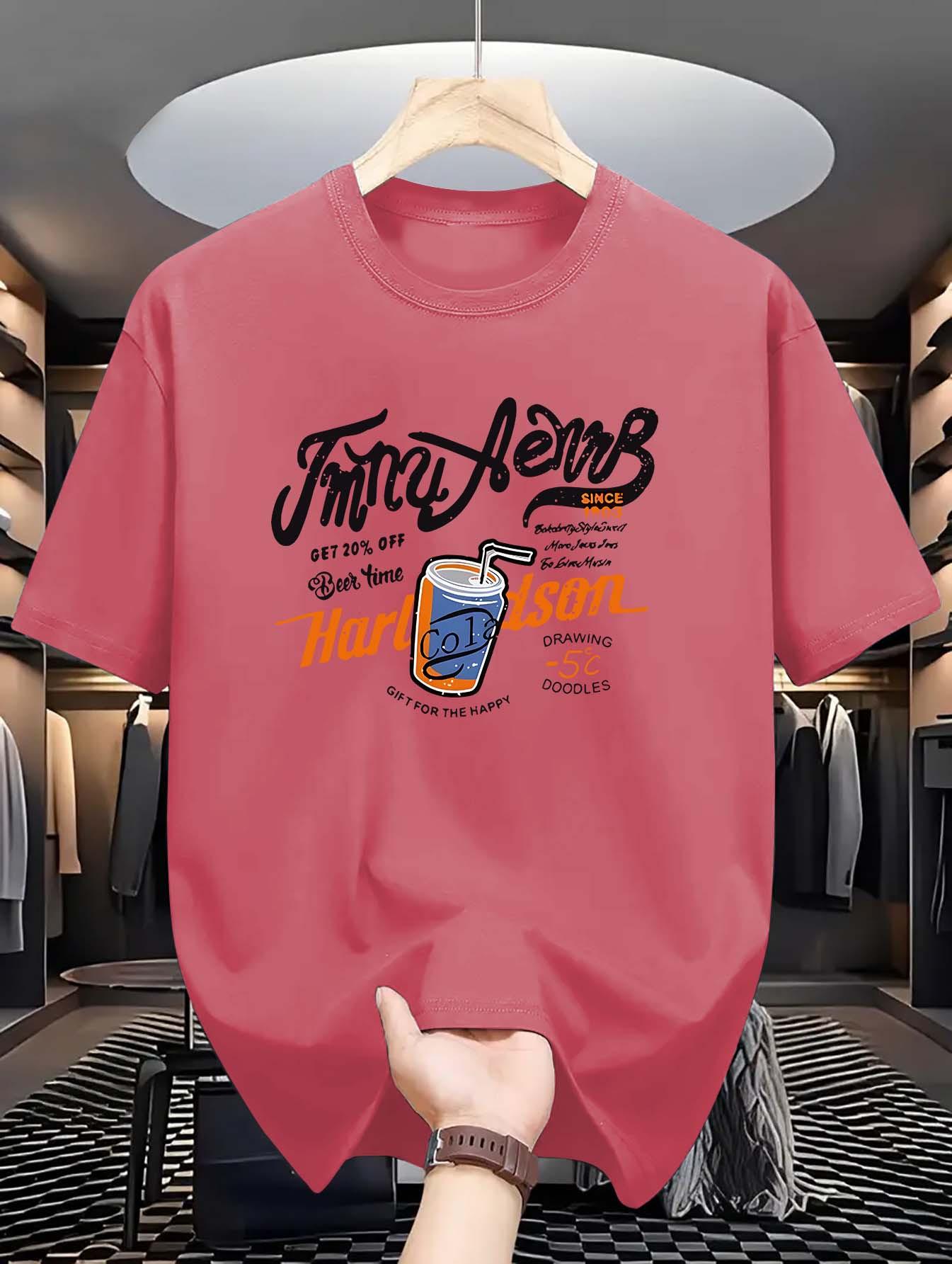 

Удобная спортивная футболка с круглым вырезом и коротким рукавом - с принтом букв и напитков, модный мужской спортивный стиль XXXXXL арбуз красный