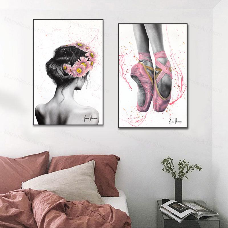 Beautiful Ballet Dancer Canvas Poster Prints Abstract Butterfly Flower Watercolor Canvas Painting Wall Art Pictures Home Decor