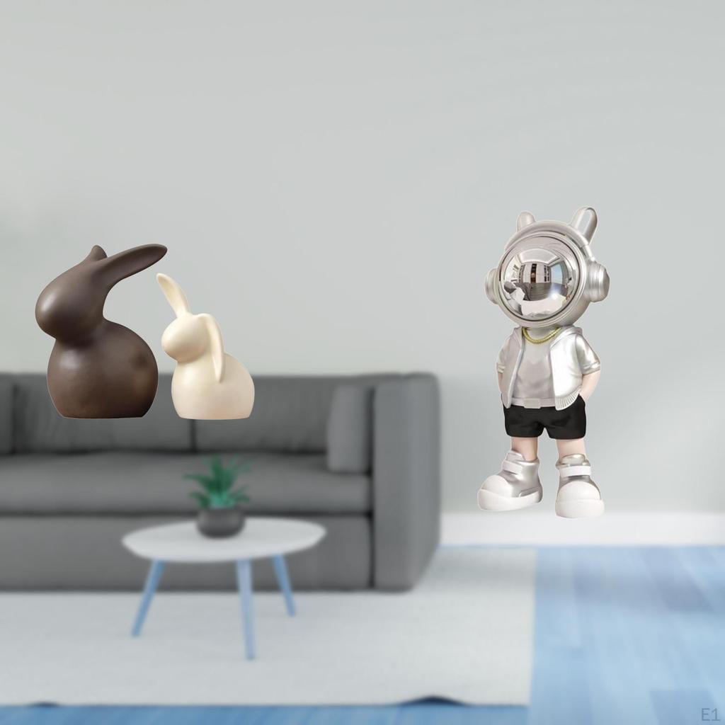 Porcelain Bunny Astronaut Statue Set Creative Modern Figurine Easter Decorations for TV Stand