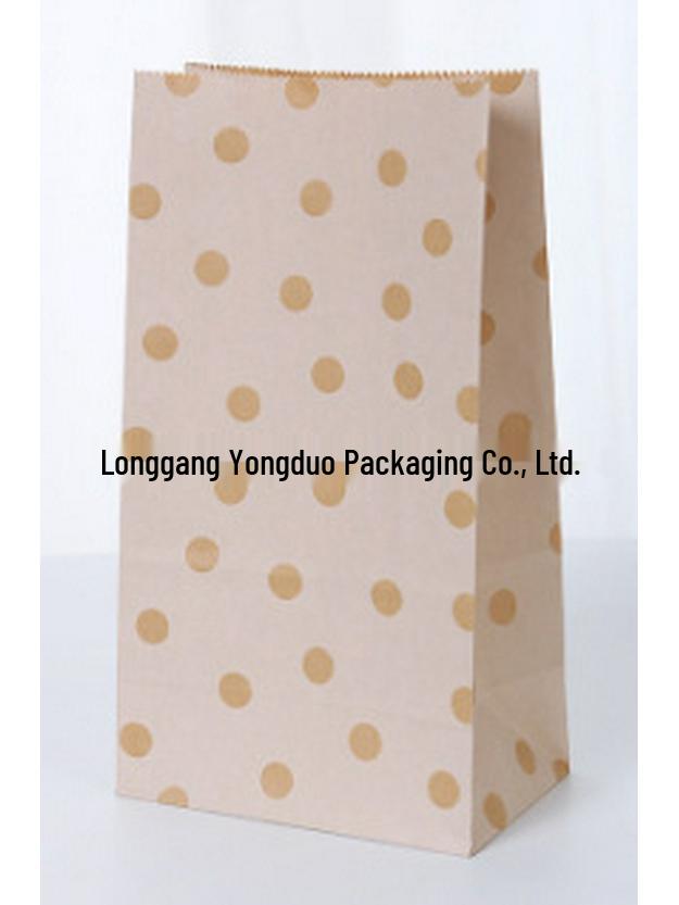 Striped Polka Dot Kraft Paper Bag with Square Bottom for Hamburger, Pastry, Takeout, and Gift Packaging.