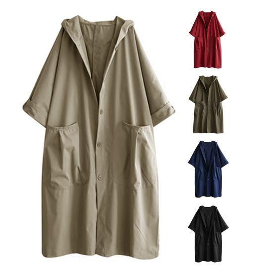 Spring Autumn Women Trench Coat Solid Color Loose Hooded Streetwear Literary Style Single Breasted Windbreaker Overcoat for Working