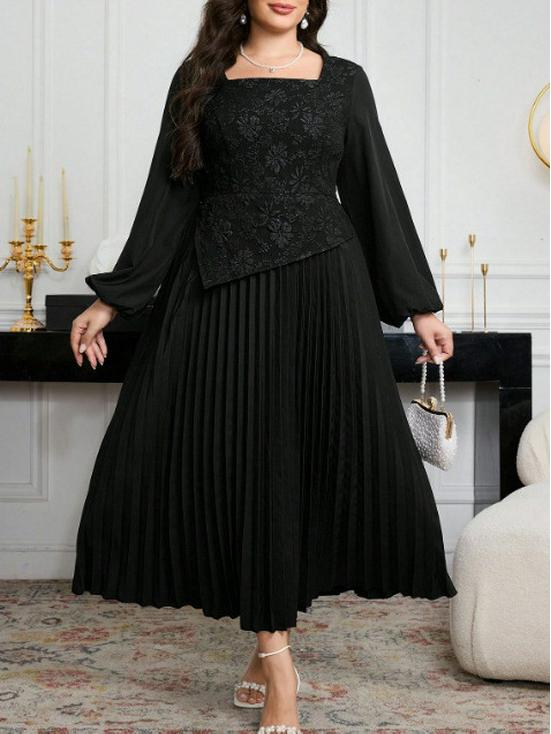 Elegant Plus Size Pleated Long Sleeve Dress for Women 0XL чёрный