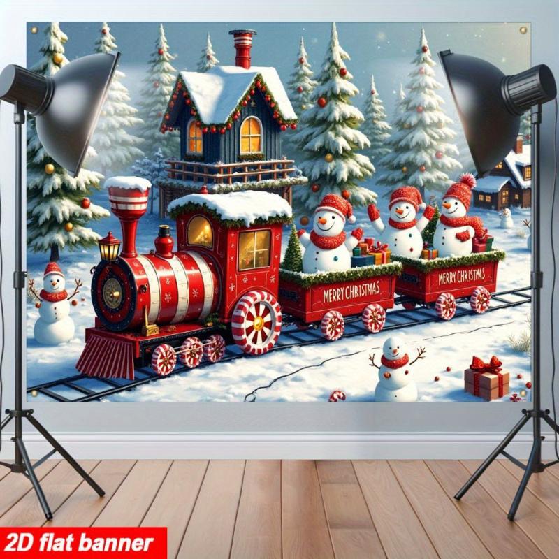 1pc2D flat, Christmas train and snowman background banner, suitable for Christmas, New Year, winter party, no power required wsj