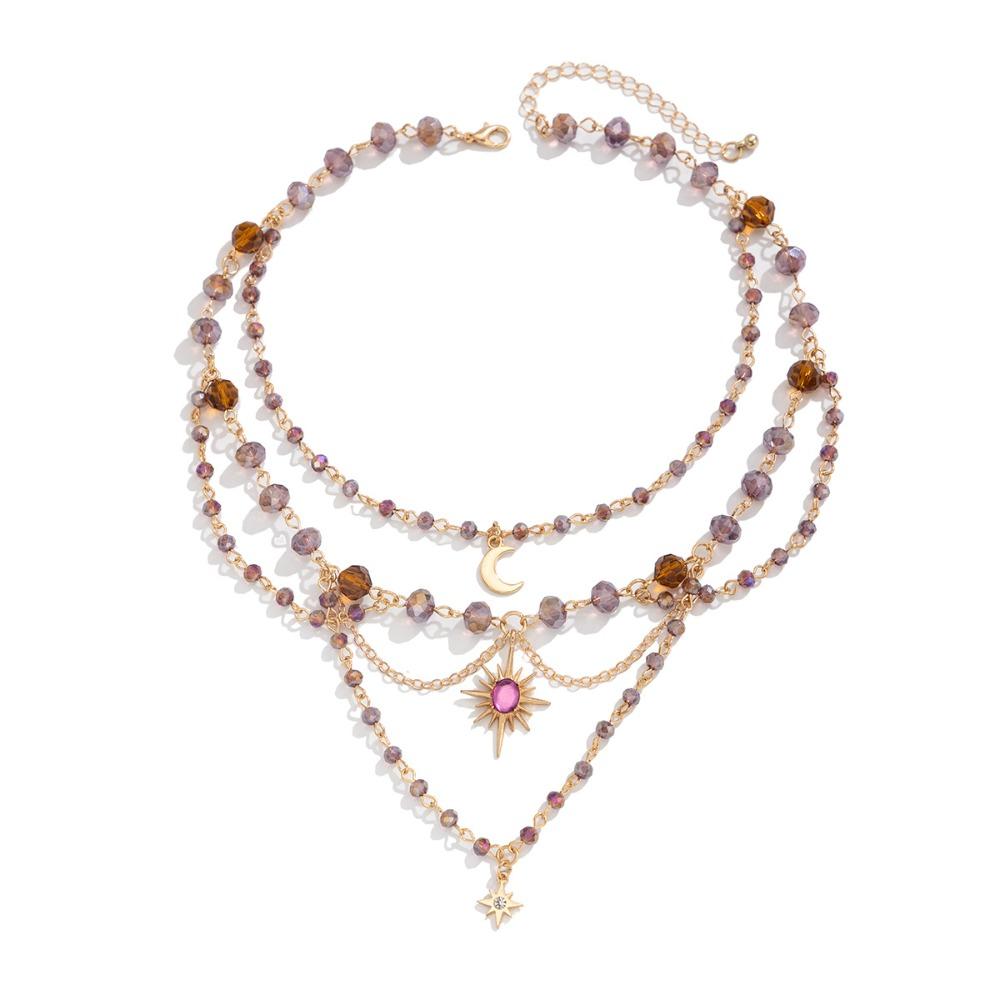 Sun Crystal Beads Necklace Star Women's Jewelry Creative Moon Tassel Pendant Choker Daily Wear