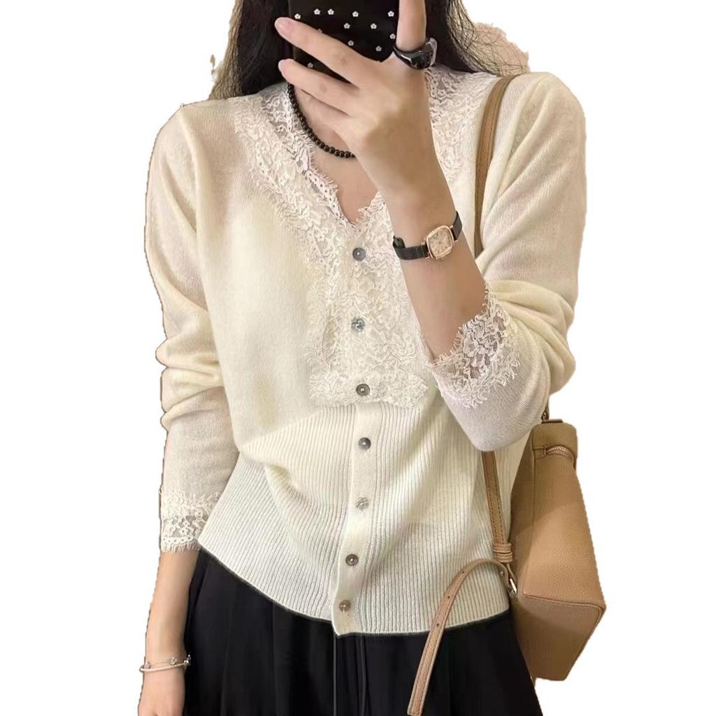 Arctic velvet, lace v-neck solid color knitted sweater women's cardigan autumn and winter long-sleeved short gentle wind sweater