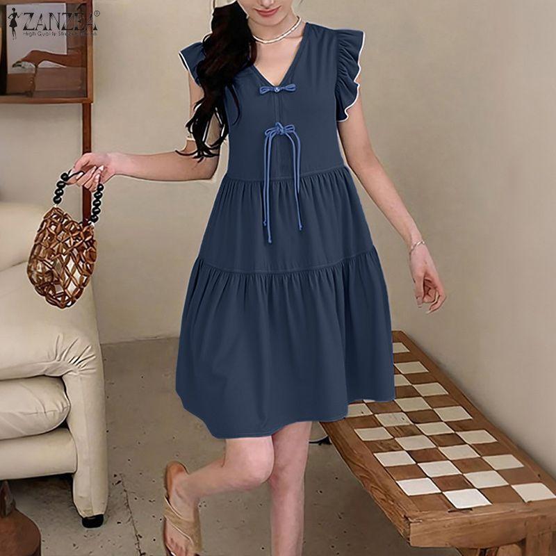 ZANZEA Women Elegant V-Neck Casual Ruffles Short Sleeve Summer Dress