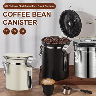 1.2 1.5 1.8L Barattolo per Chicchi di Caffè Contenitore Ermetico Sigillato Acciaio Inossidabile Con Cucchiaio Valvola Unidirezionale Contenitore Conservazione Caffè Cucina