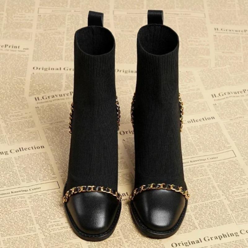 2024 Hot Sale Shoes for Women Slip on Women's Boots Winter Square Toe Solid Plush Warm Short Barrel Mid Heel Fashion Naked Boots