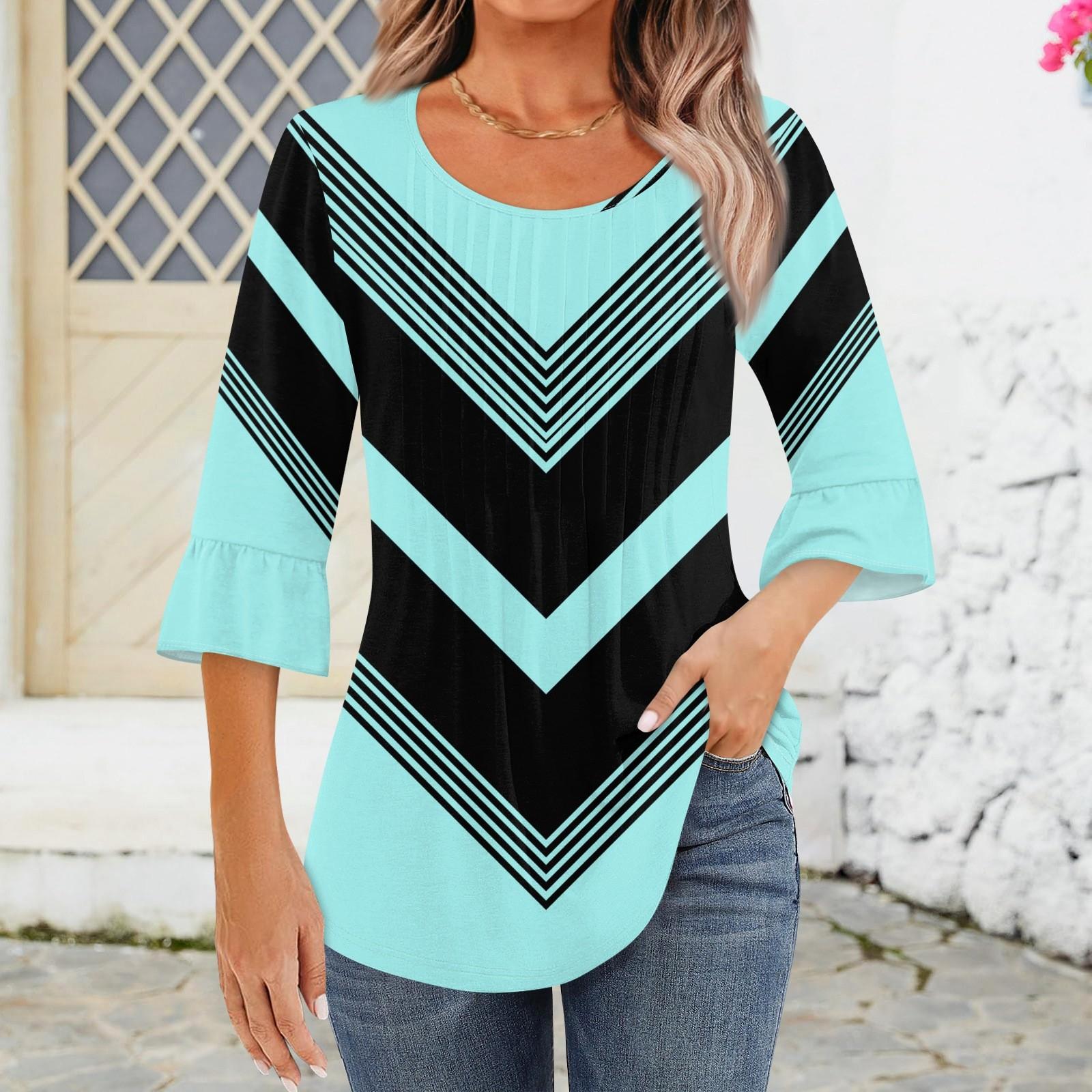 

Рубашки с рукавом 3/4 для женщин, топы, нарядные повседневные блузки, плиссированные топы-туники с круглым вырезом XXL циан