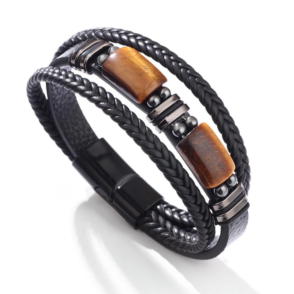 Men's Multilayer Leather & Tiger Eye Stone Beaded Bracelet with Magnetic Clasp