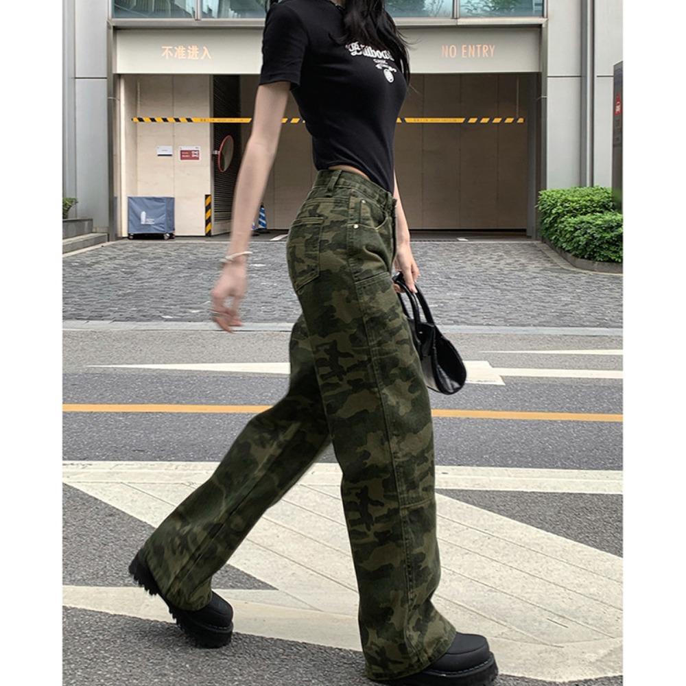 Korean Version of Versatile Camouflage Tooling Jeans for Women's Spring and Autumn Spice Girls High-waisted Straight Loose Wide-leg Jeans