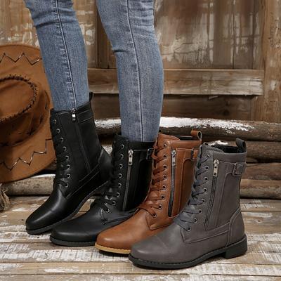 Women's Round Toe Lace-Up Mid-Calf Martin Boots, Side Zipper Chunky Heel Leather Boots, Plus Size Fall Winter Shoes