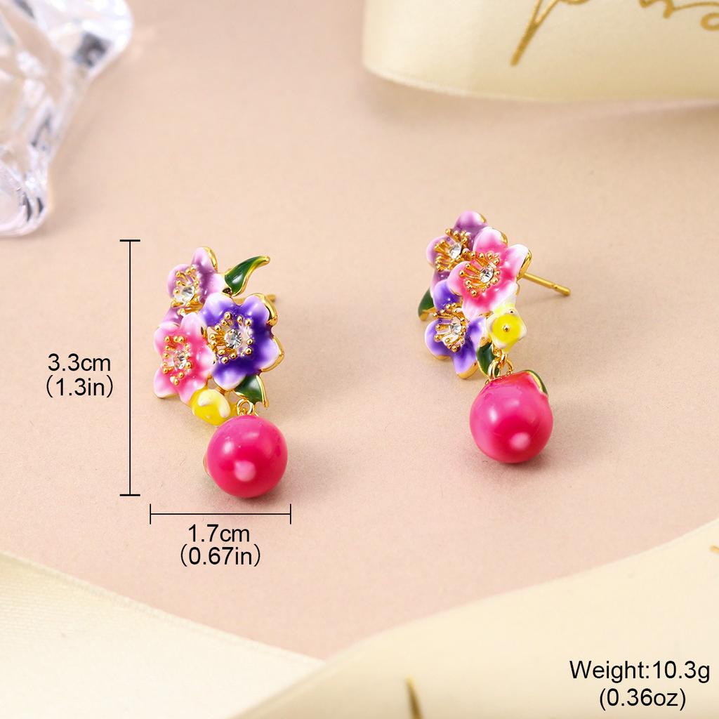 Three-dimensional Fashion Enamel Glaze Powder Purple Flower Bow Bell Spring and Summer Stud Earrings Long Fringed Silver Needle Earrings