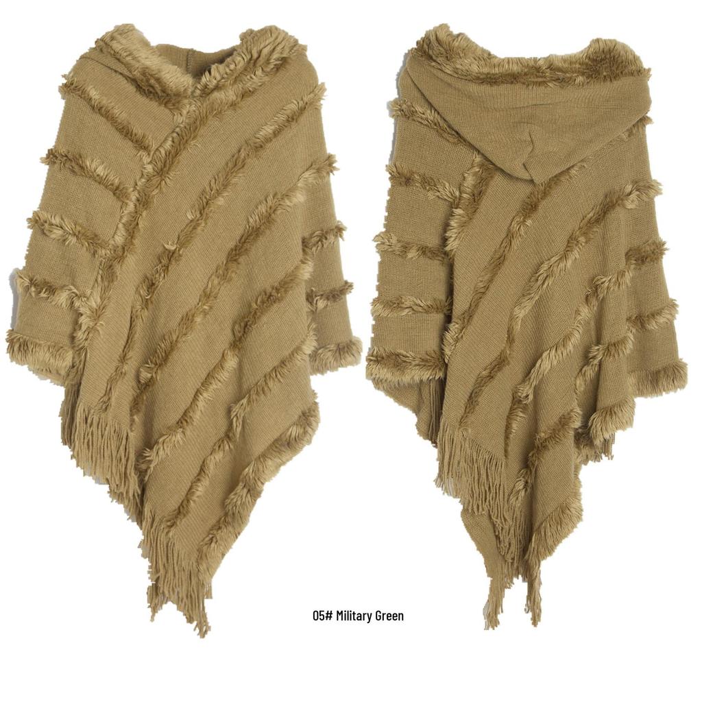 Women's Solid Color Hooded Sweater Cloak - European & American Knit Shawl for Autumn/Winter