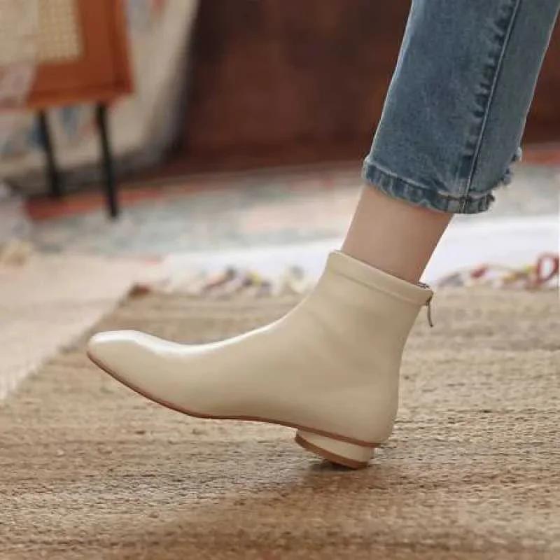 Fashion Women Soft Leather Ankle Boots Square Toe Round Mid Heel Zipper Fashion Short Boot Autumn Winter Ladies Shoes Beige Retro Boots