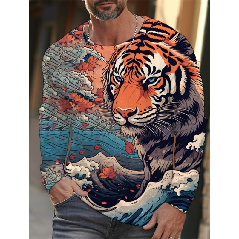 

Футболка с принтом Ukiyoe Colorful Tiger 3D, мужская и женская, модная, повседневная, с длинным рукавом, свободные футболки Harajuku, топы, детская одежда 5XL