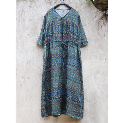 Woman Spring Print Chinese Style Dress Short Sleeves Vintage Casual Retro V-Neck Dress