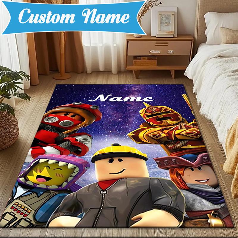 Custom Name Minecraft Adventure Night Rug for Living Room, Game Rooms, Office, Bedroom, Floor Mat Playful Design, fan gifts Christmas decor