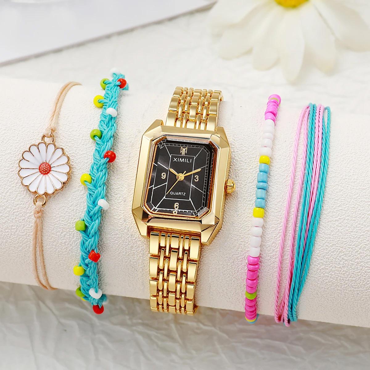 

Fashionable Simple Light Luxury Square Dial Alloy Strap Women s Quartz Watch Color Bracelet Set of 5, Suitable for Christmas and чорний