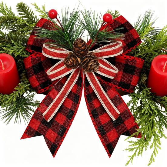 Christmas Burlap Plaid Bow with Pine Cones Pine Needles Large Buffalo Plaid Bow Xmas Wreath Checkered Bow for Holiday Crafts Home Party Tree Decor