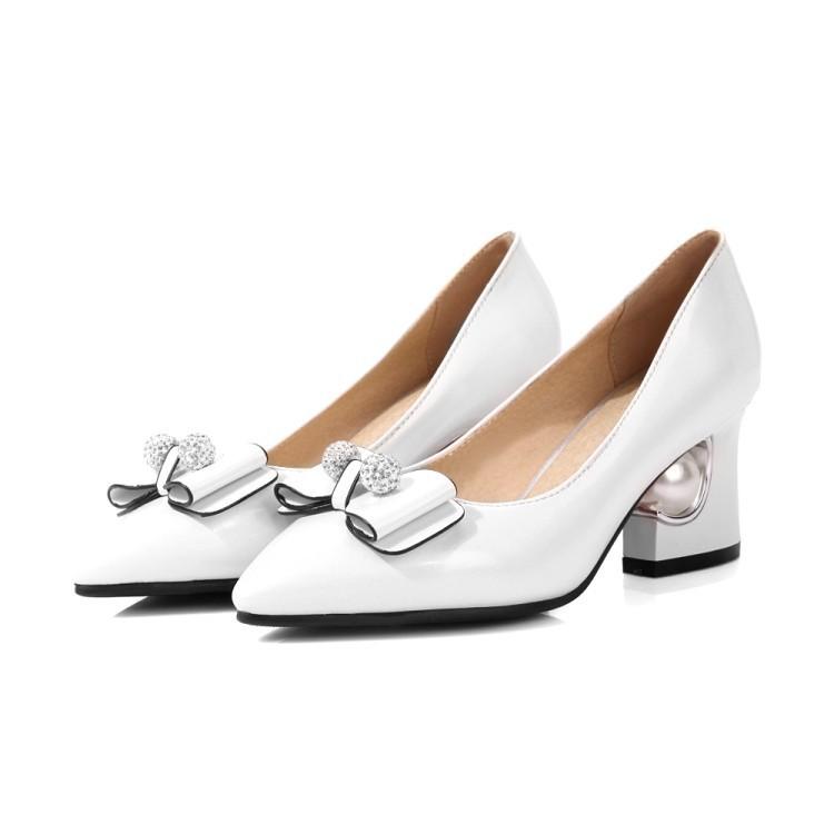 Spring, summer and autumn new sweet bow middle heel single shoes women's sexy pointed rhinestone thick heel shoes