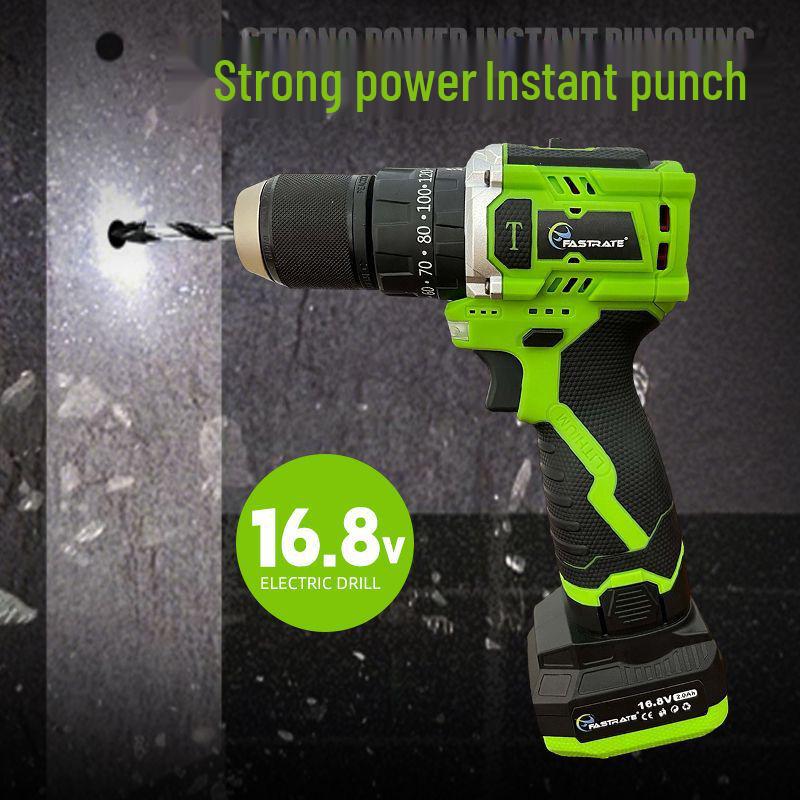 

16.8V Brushless Green Electric Drill - Multifunctional Household Tool with Lithium Battery & Impact Pistol Charging Bare Machine