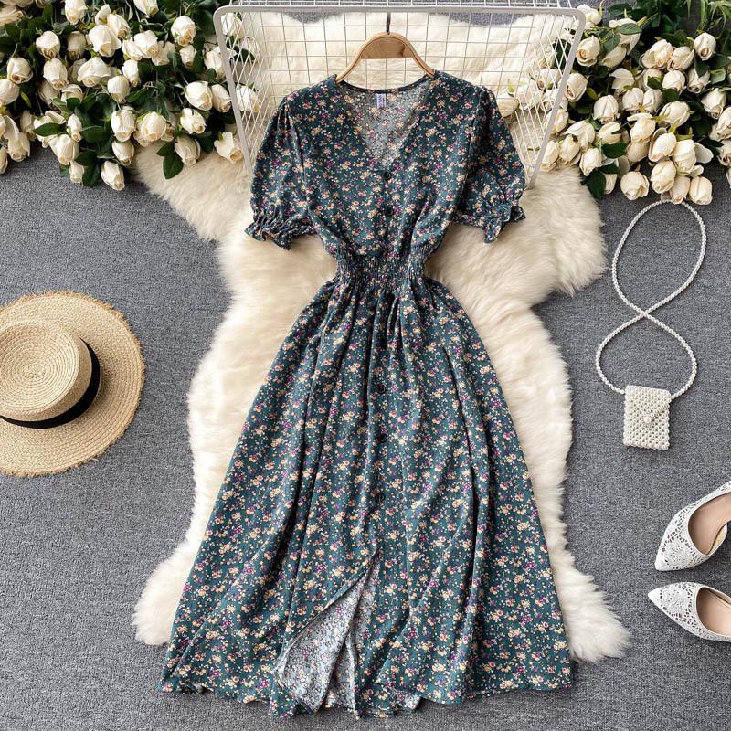 French-Style Retro Floral Dress with Puff Sleeves and Button-Up Slim Fit