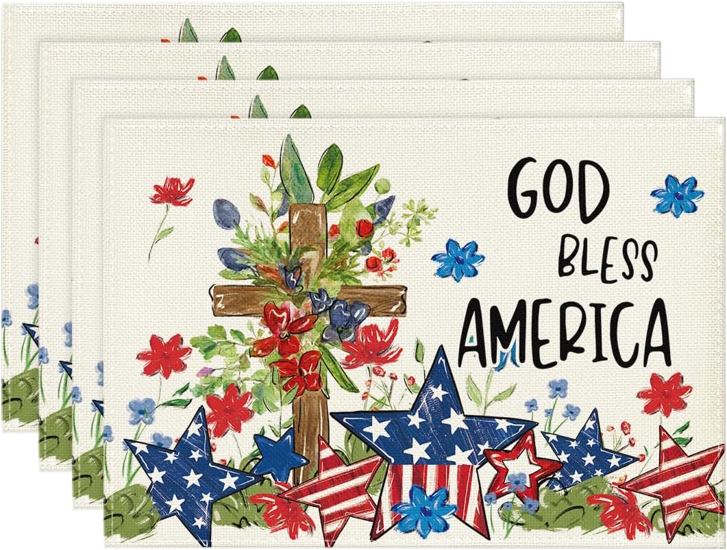 

Stars Stripes Cross Patriotic 4th of July Placemats Set of 4, 12x18 Inch Memorial Day Table Mats for Party Kitchen Dining Decoration 4pcs-12x18