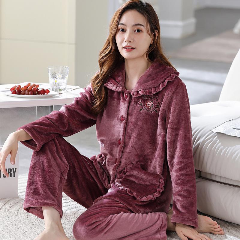 Women's Plus Size Thick Coral Fleece Pajamas - Warm Flannel Homewear for Autumn and Winter