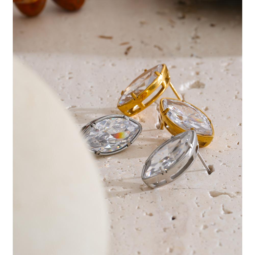 Yhpup Stainless Steel Cubic Zirconia Oval Daily Stud Earrings High Quality Polished Shiny Fashion Aesthetic Jewelry Waterproof