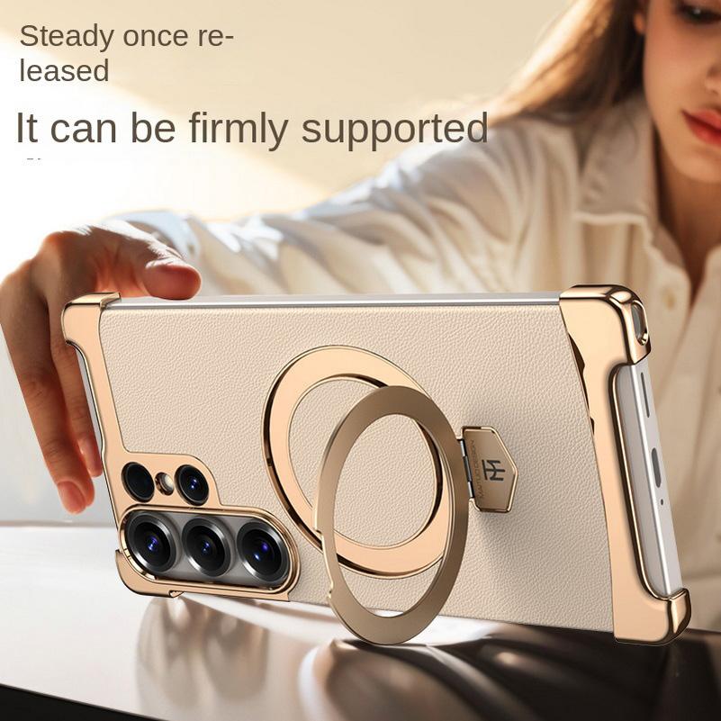 Bezelless Plating Plain Skin Metal Rotating Magnetic Ring Holder Case For Samsung S25 Ultra Galaxy S24 Ultra Protect Cover