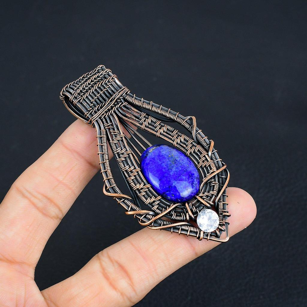 Pandantiv Lapis Lazuli Bijuterii cu Pietre Prețioase Lucrate Manual, Pandantiv Înfășurat în Sârmă de Cupru 999, Pandantiv Bijuterii cu Design Unic