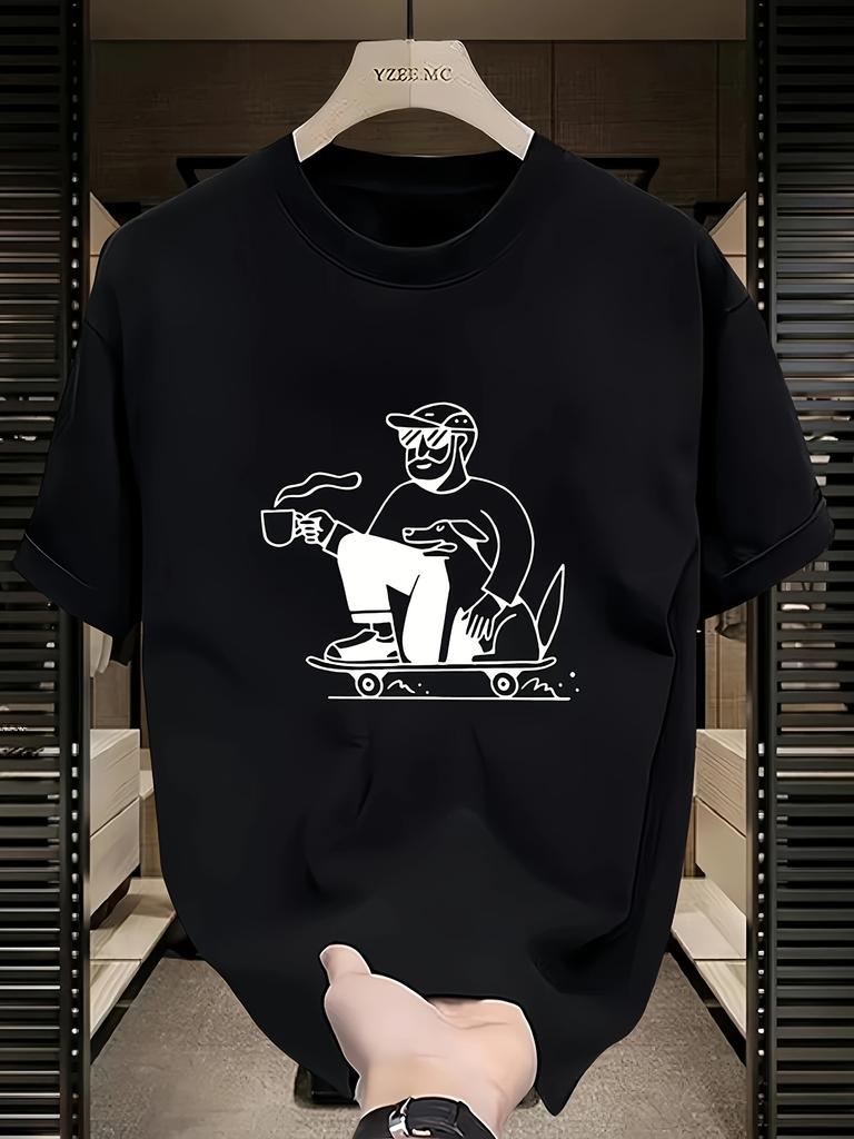 Mens Heavy 100 Cotton Graphic Tee  Skateboard and Coffee Print Oversized Loose Crew Neck Short Sleeve Tee