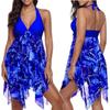 5XL Plus Size Women Asymmetric Hem Bathing Suit Floral Printed Backless Halter Neck Swimdress Swimming Shorts