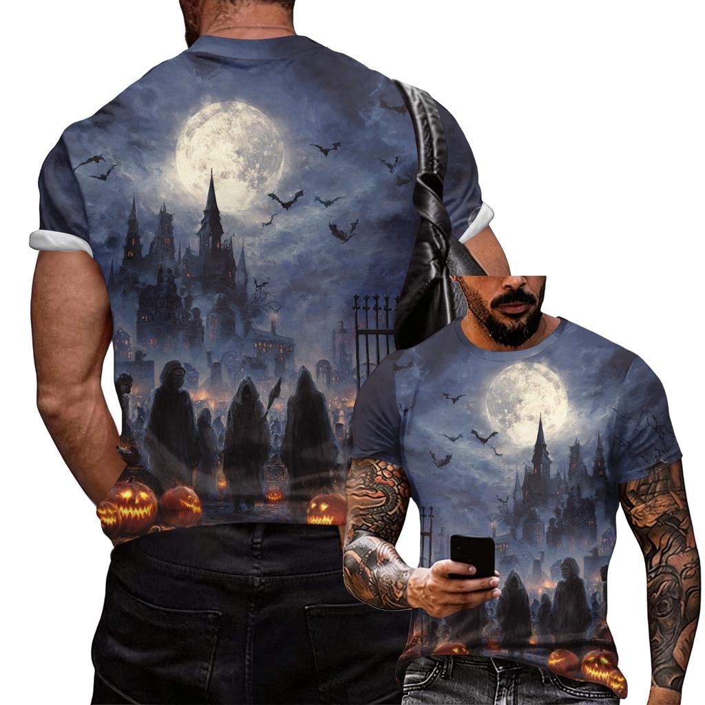 Men's Halloween Graphic T Shirt Loose Fit Casual Short Sleeve Top with Printed Witch and Pumpkin Design for Seasonal Wear
