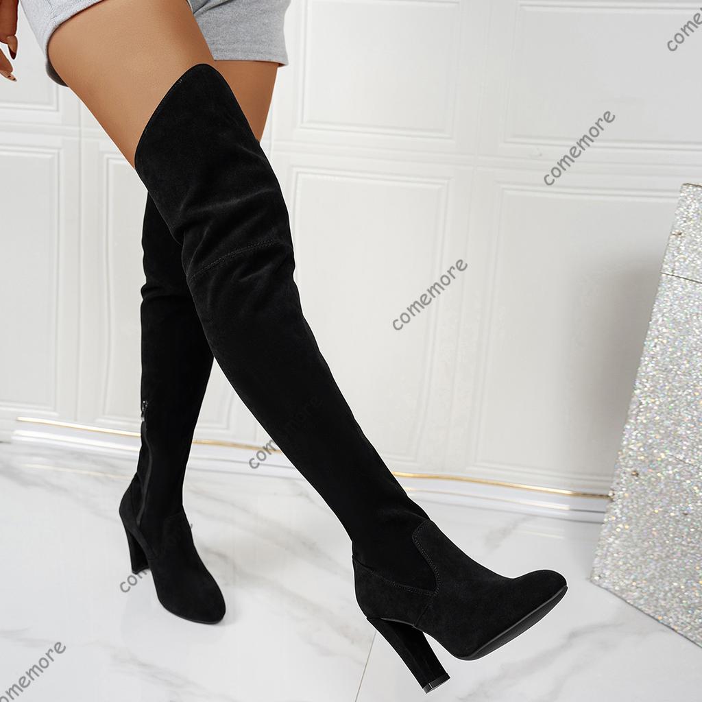 Comemore Over The Knee Boots Pointed Toe High Heels Women's Shoes Autumn and Winter New Stretch Sexy Solid Suede Long Botas