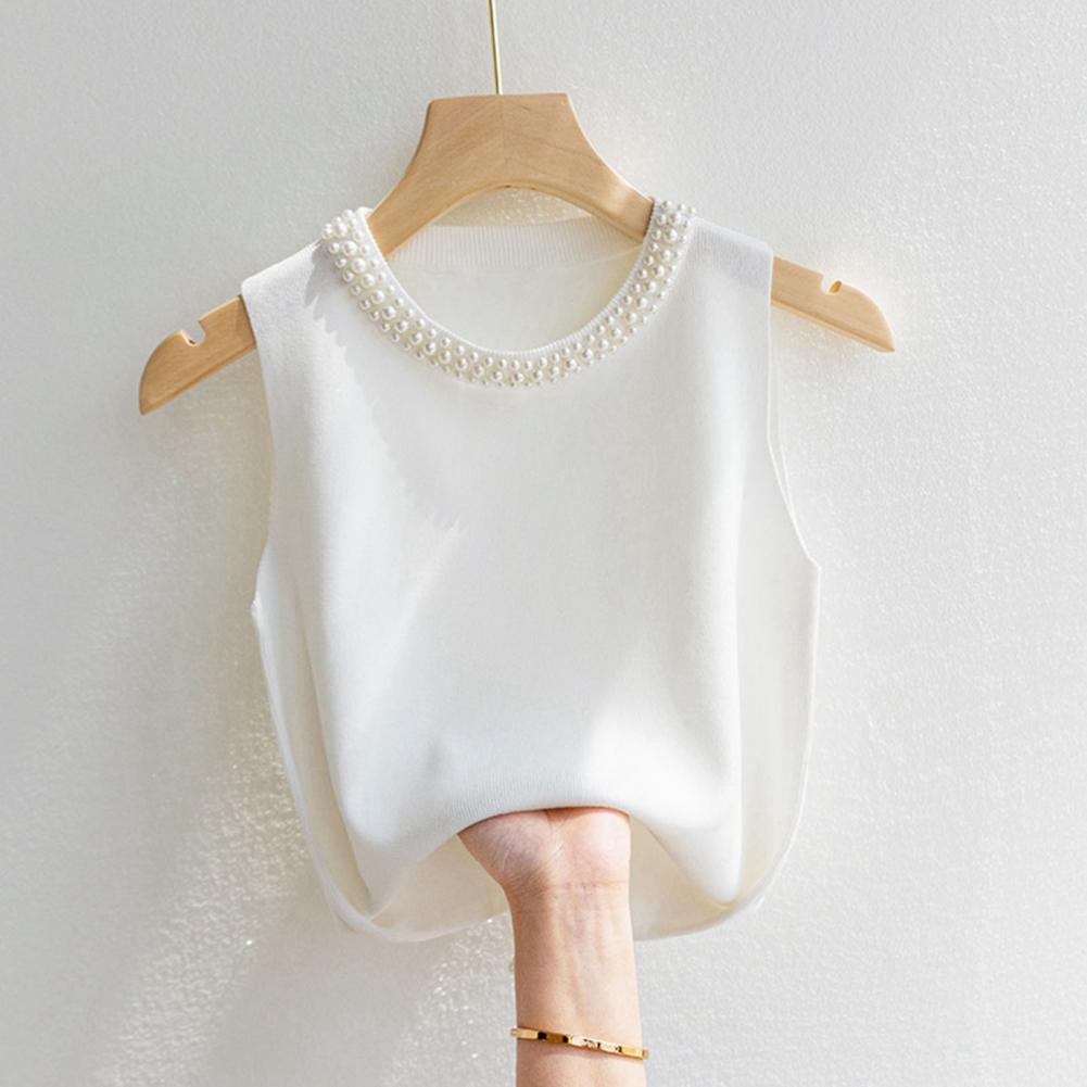 Relaxed Fit Fit Vest Top Elegant Faux Pearl Knit Vest Comfortable Tank Top Stylish 3d Cut Relaxed Fit Fit Blouse for Women Sleeveless Tee