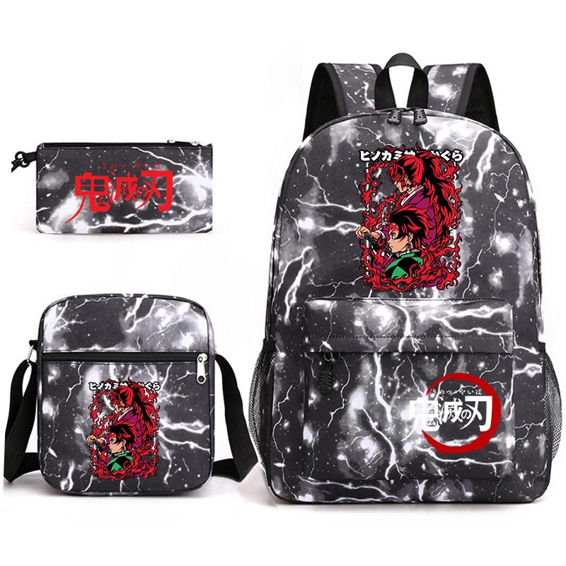 Demon Slayer Anime Print School Backpack Set 3Pcs Include Backpack Shoulder Bag Pencil Case for Boys Girls Students