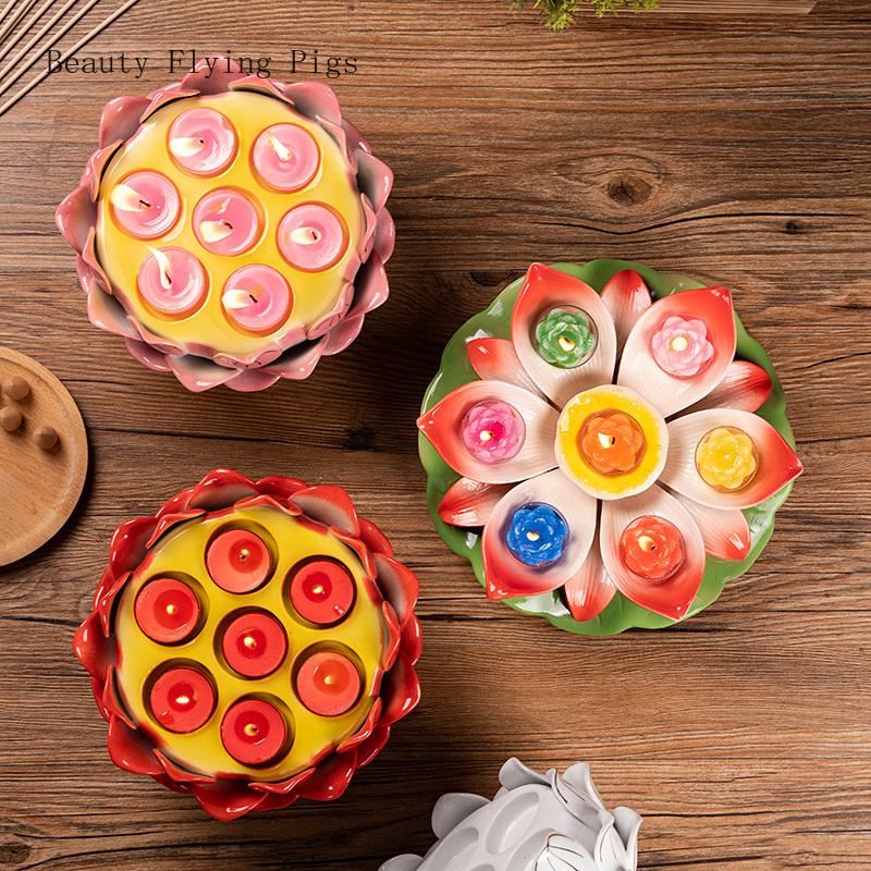 1PCS Ceramic Gold Thread Lotus Candle Holder Household Butter Lamp Buddha Front Seven Star Lamp Holder