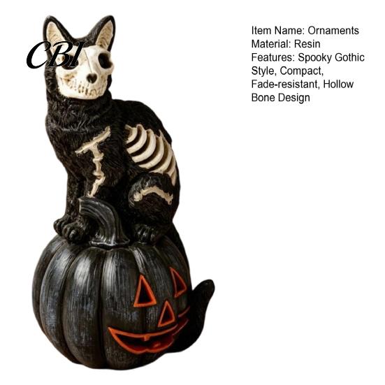 Compact Halloween Desktop Decor Skull Black Cat Pumpkin Figurine, Gothic Statue with Hollow Ribs, Tabletop Figurine Spooky Decoration for Showcase