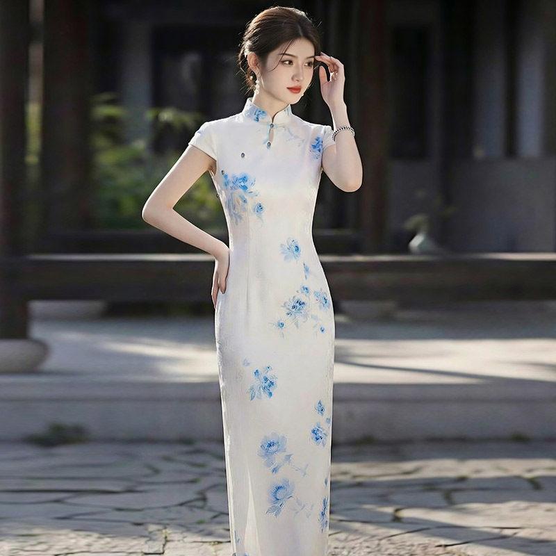 Blue and white national style new Chinese Suzhou long cheongsam improved young 1011 new women's high-end catwalk summer