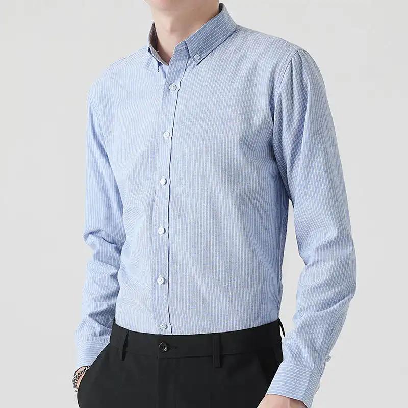 Men's Light Blue Striped Long Sleeve Shirt Casual Button-Down Cotton Blend Business Shirt