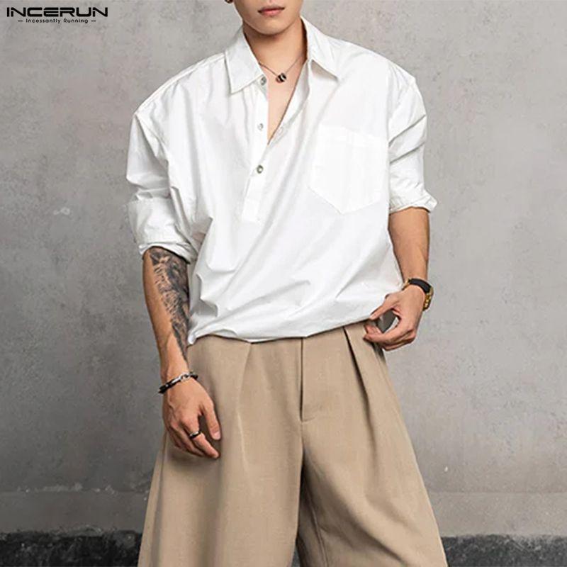 INCERUN Men Lapel Neck Long Sleeve Solid Color Casual Loose Shirts Tops