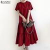 ZANZEA Women Casual Round Neck Solid Color Short Sleeve Long Dress