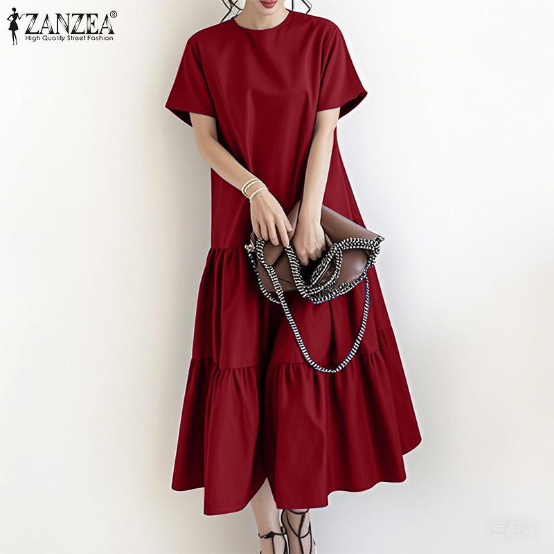 ZANZEA Women Casual Round Neck Solid Color Short Sleeve Long Dress