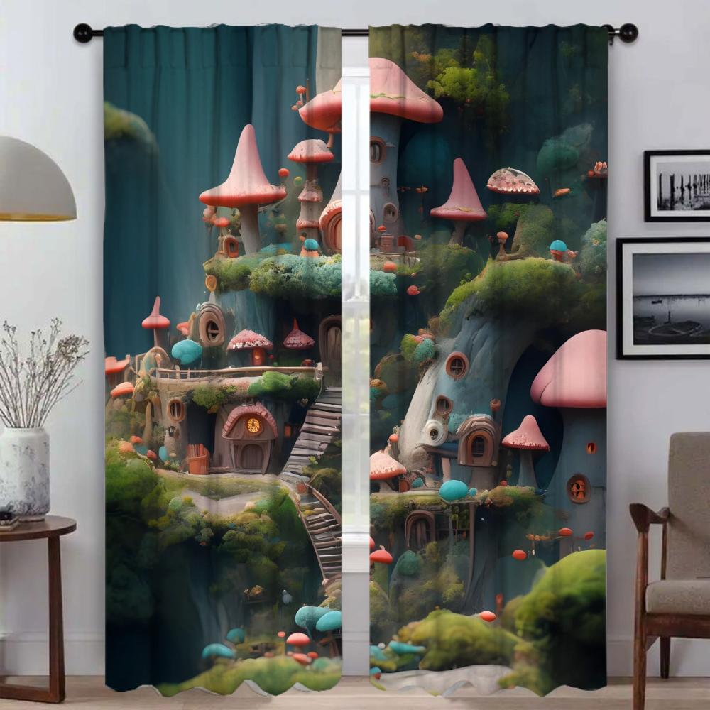 Decoração de Halloween Partição Mundial Cogumelo Cortinas para Sala de Estar Cortina para Quarto 2 Painéis Cortinas Interiores para Casa
