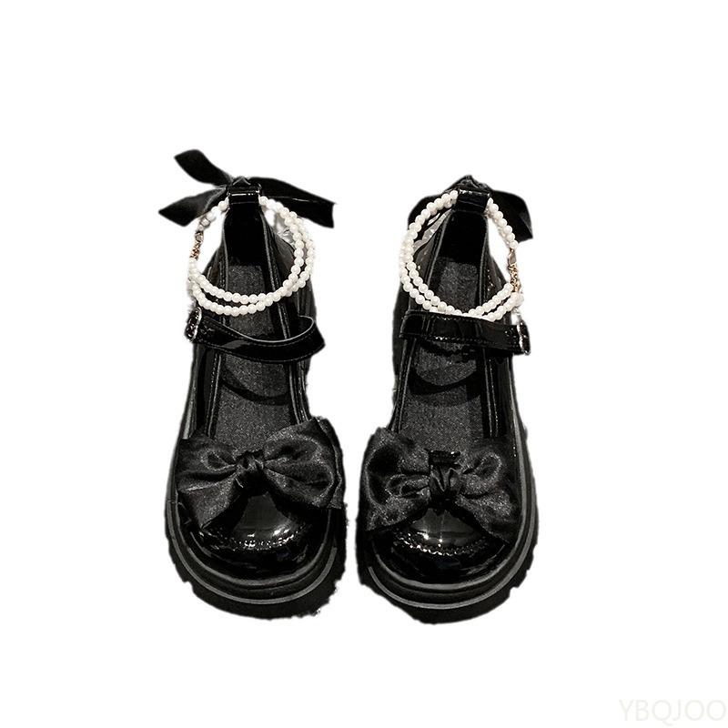 Fashion Thick soled shoes women's bow round toe cute high heels spring new versatile elegant comfortable small leather shoes